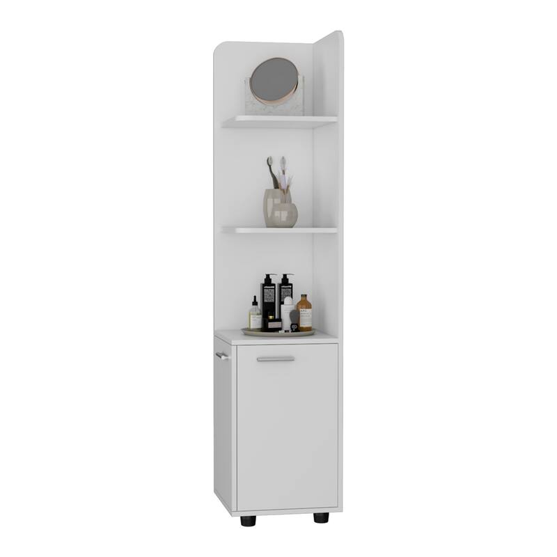 Sunriver Corner Shelf with Cabinet, 3-Tier Shelf, Metal Handles - White