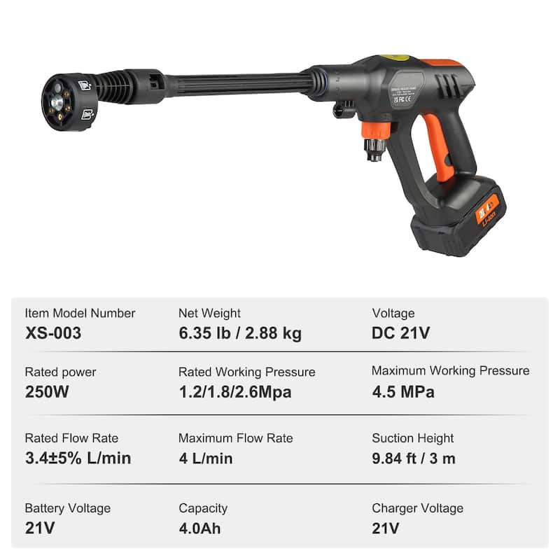 Cordless Pressure Washer, 652-PSI Portable Power Cleaner, Handheld High-Pressure Car Washer Gun with 4.0Ah Battery, Charger