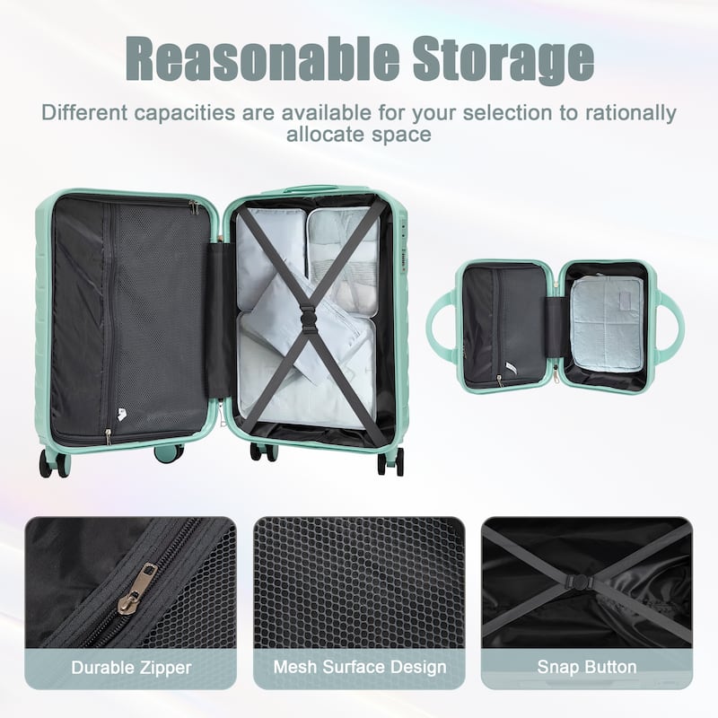 14"/20" 2-Piece, Modern Luggage Sets with Makeup Case, Spinner Wheel and Combination Lock, for Boarding Travel, Mint Green