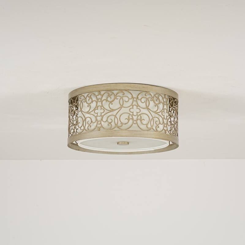 2-Light Mid-Century Modern Unqiue Handcrafted Sunset Gold Flush Mount Light with White Fabric Shade for Living Room & Bedroom