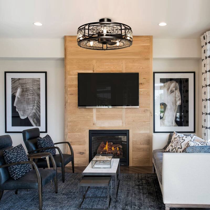 27" Black Fandelier Crystal Ceiling Fan with Light and Remote Control