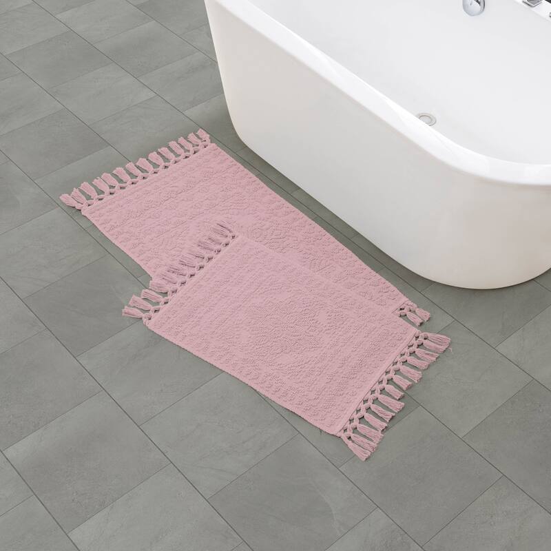French Connection Nellore Fringe Cotton Bath Rug - 17x28/20x38 - Lilac Pink