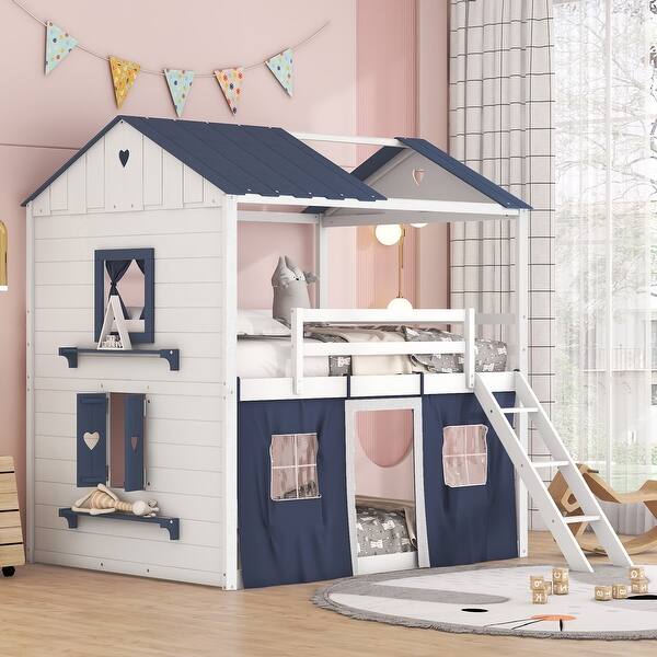 slide 2 of 16, Elegant Full Size Bunk Wooden House Kids Bed with Windows, Sills and Tent,Playhouse Design Blue+White