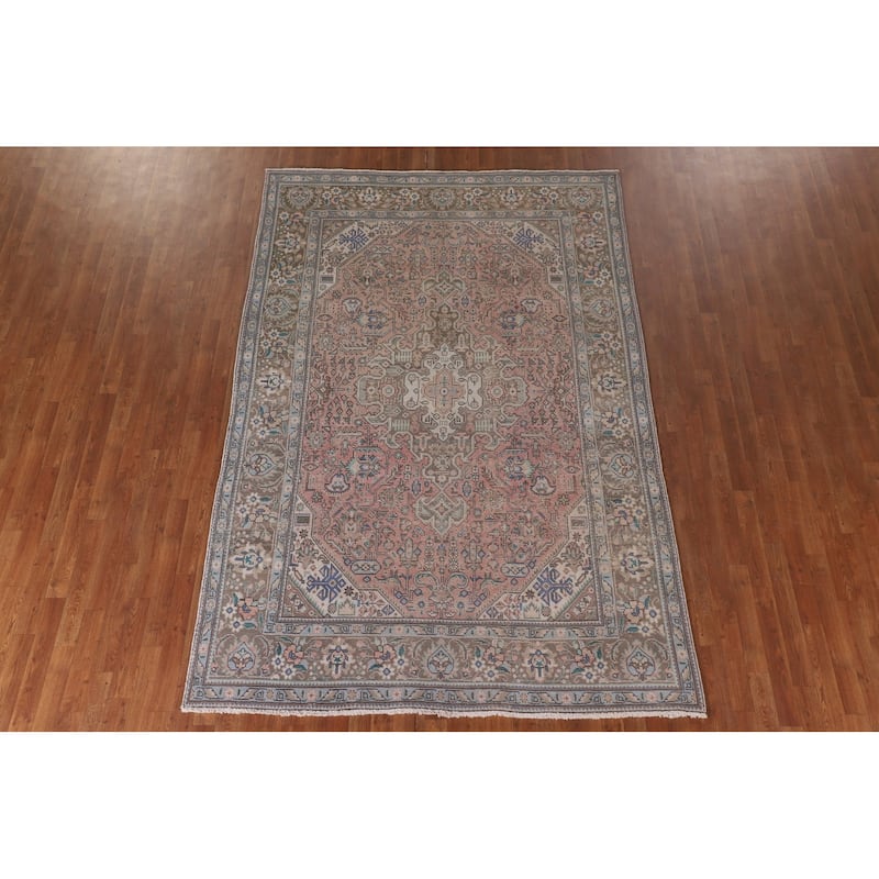 Pink Geometric Tabriz Persian Vintage Rug Hand-Knotted Wool Carpet - 6'5" x 9'9"