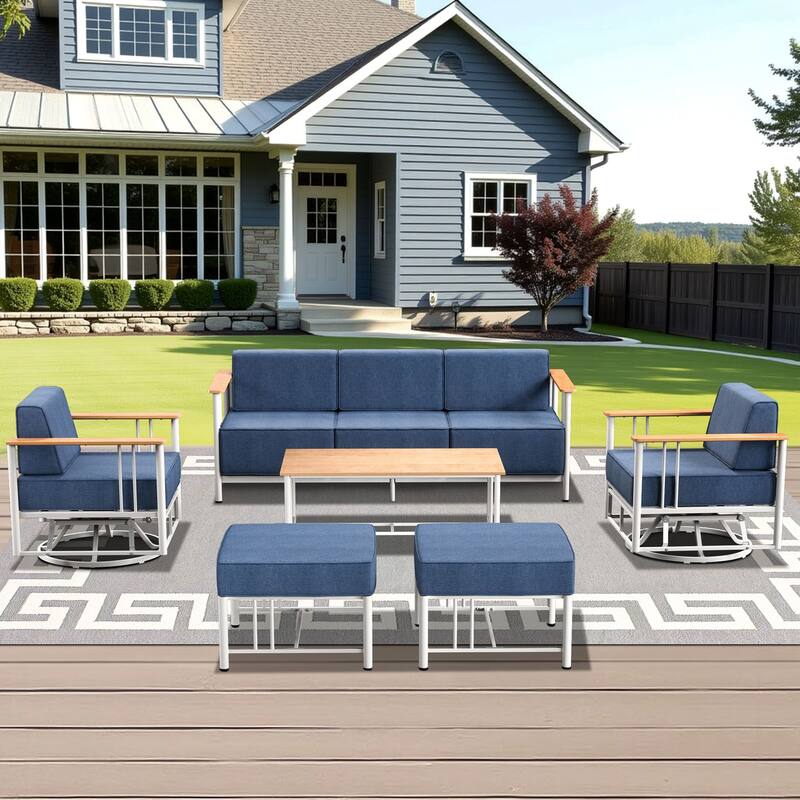 Pocassy 6PCS Sofa Swivel Chair Ottoman with Table - White & BLue Cushion - 6PCS Sofa Swivel Chair Ottoman with Table