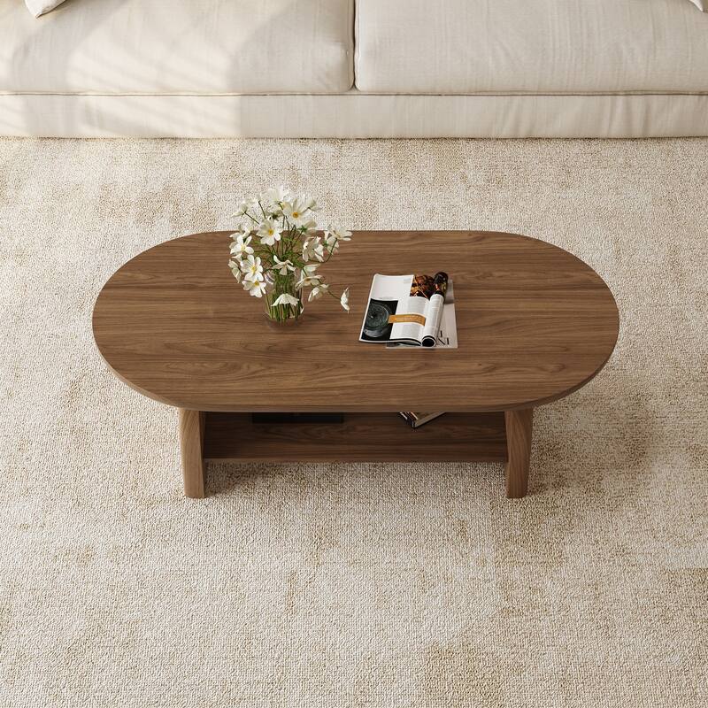 47.4" Oval Walnut Coffee Table with Storage Shelf, Modern Wooden Coffee Table for Living Room