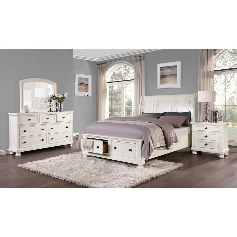 White Finish Bedroom Furniture Set Platform Bed Nightstand Dresser Mirror