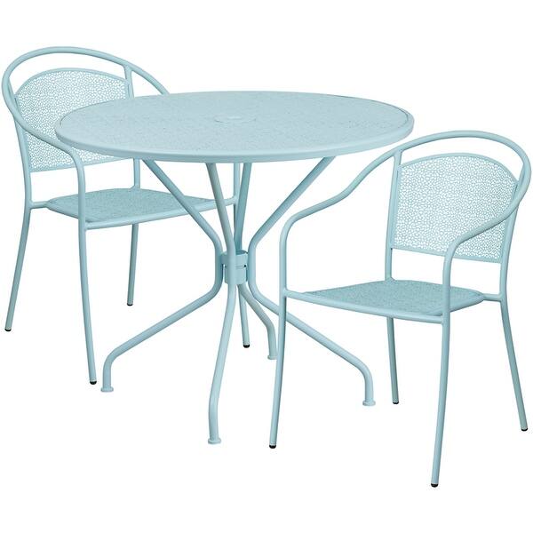 Shop Sterling Round 35 25 Sky Blue Indoor Outdoor Steel Table Set W 2 Round Back Chairs For Restaurant Bar Pub Patio Overstock 15869182