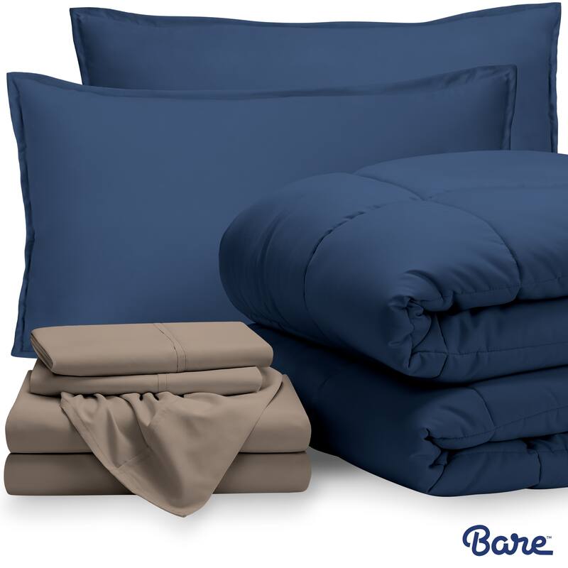 Bare Home Bed-in-a-Bag Down Alternative Comforter & Sheet Set - Dark Blue/Taupe - Twin XL