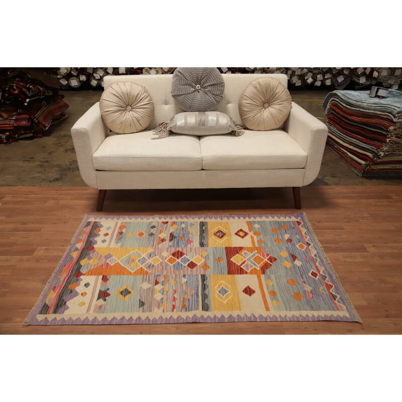 Hand Woven Oriental 100% Wool Carpet Southwestern Tribal Multi-Colored Kilim Area Rug - 4' 11'' X 3' 1''