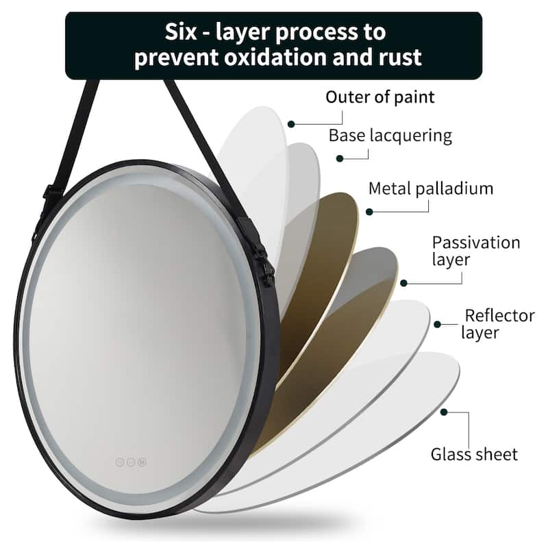 Black Metal Frame Round Mirror with LED Lights Bathroom