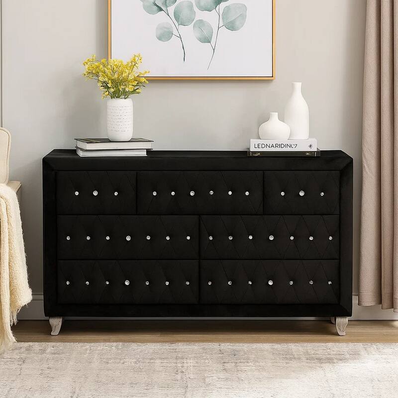 Rea Wide Dresser, 7 Drawers with Crystal Knobs, Black Velvet Upholstery