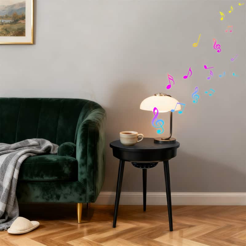 Round Smart End Table with Bluetooth Speaker Side Table LED Nightstand with USB Port - Carbon Fiber and Black