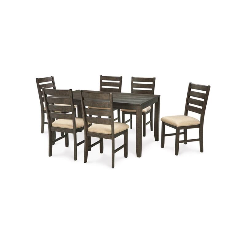 Ane 7pc Dining Table Set, Cream Upholstered Chairs, Rough Sawn Brown