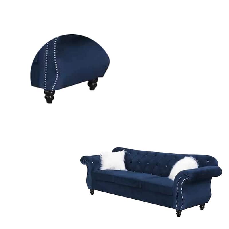 93 Inches Nailhead Trim Velvet Sofa with Crystal Tufting, Blue