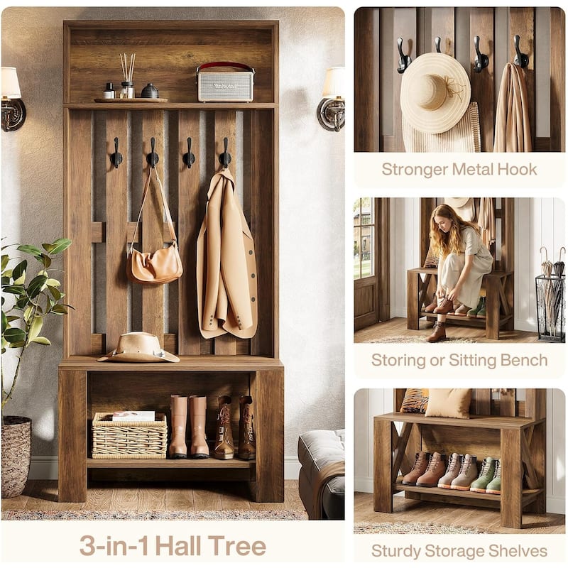 70.8" Tall Hall Tree with Bench and Shoe Storage, Freestanding Coat Rack for Entryway, Hallway