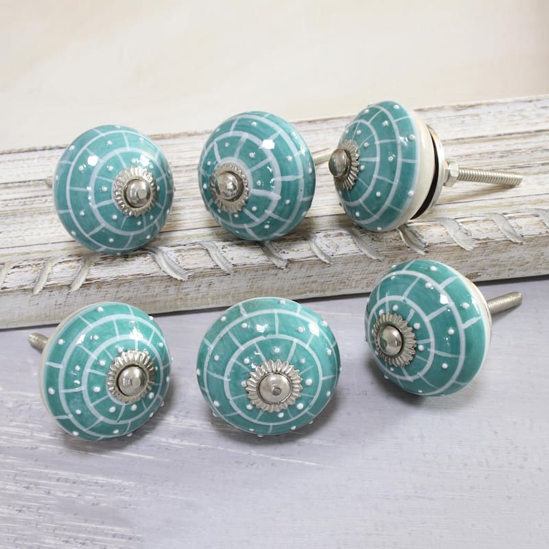 Novica Handmade Turquoise Layers Ceramic Knobs (Set Of 6)