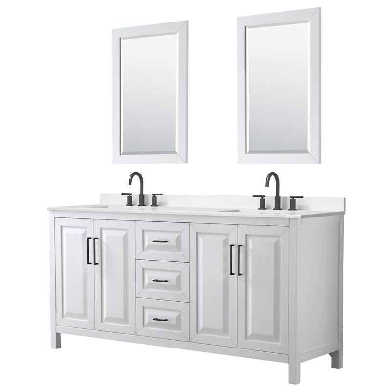 Daria 72-inch Double Vanity, 3 Hole Quartz Top, 24-inch Mirrors - White, Black Trim, White Quartz Top