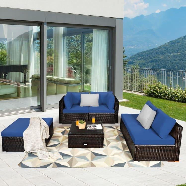 6 Pieces Outdoor Patio Rattan Furniture Set Sofa Ottoman with Coffee Table - 30'' x 30'' x 26''(L x W x H)