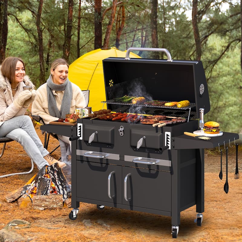 Heavy-Duty Charcoal Grill with Foldable Tables, Enameled Grate, 860 Sq. In. Cooking Area, Adjustable Trays for Outdoors