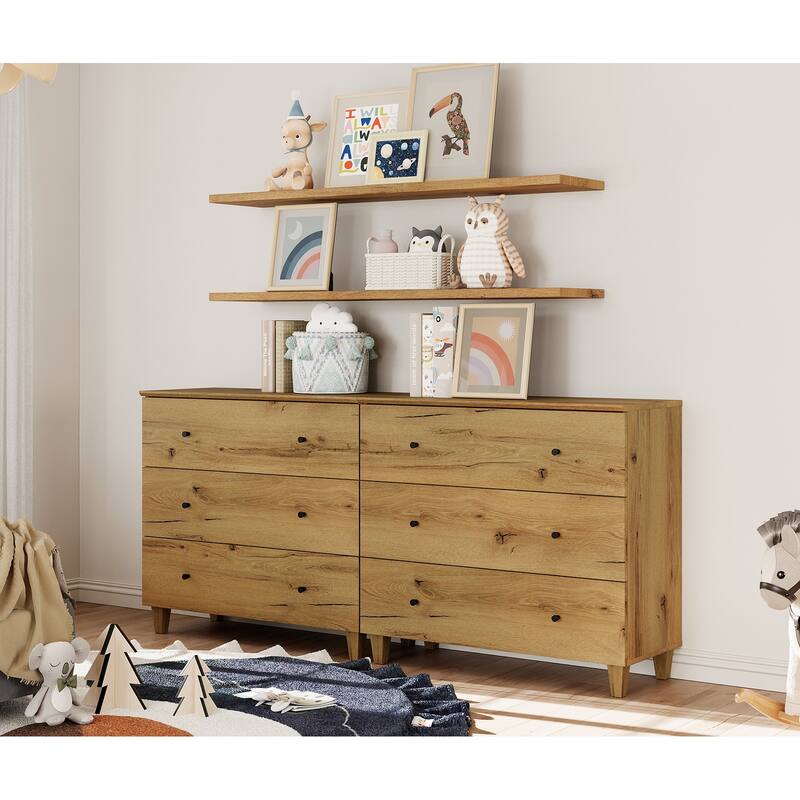 Wood Dresser with 3 Wide Drawers for Bedroom, Kids Room - Brown Wood - 6-drawer