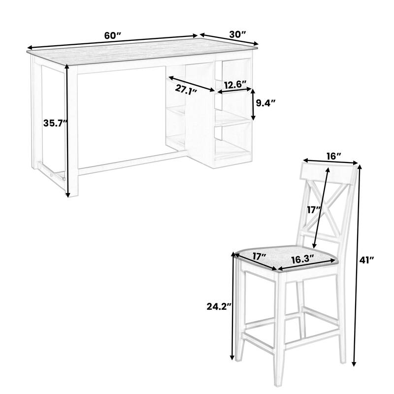 5 Piece Counter Height Dining Table Set with Storage , Dining Table Set with 3-Tier Storage Shelves and 4 Upholstered Chairs