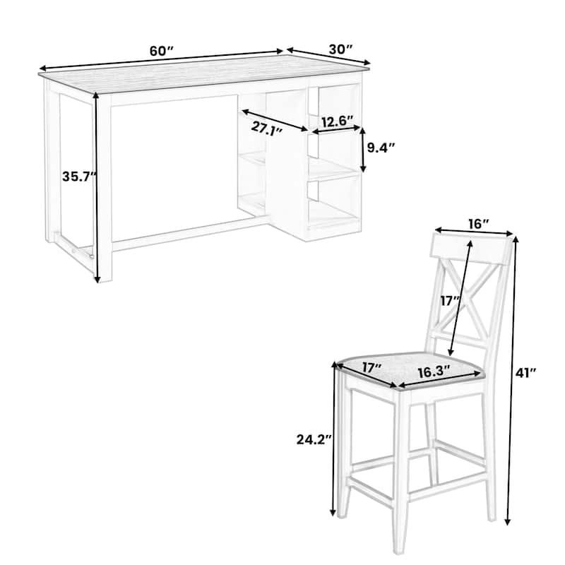 Roomfitters 5-Piece 60" Solid Wood Farmhouse Counter Height Dining Set with Storage Shelves