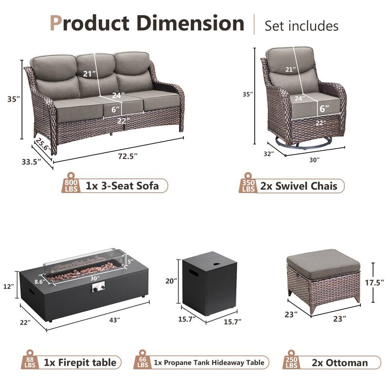 Pocassy 43" Fire Pit w/ Outdoor Sofa Swivel Chair Ottoman Set