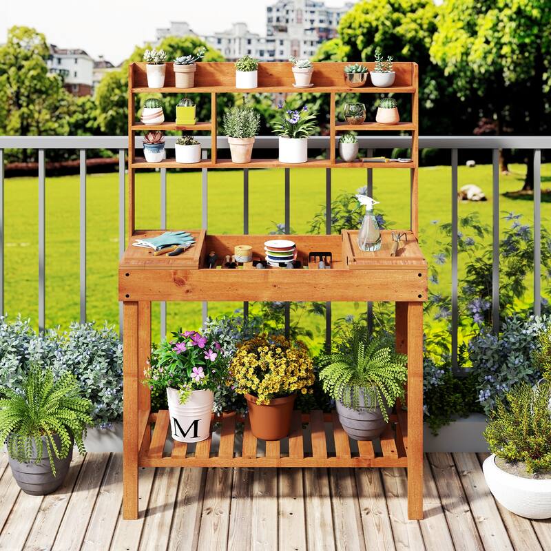 Gymax 61'' Wooden Potting Bench Table w/3-Tier Open Shelf Flip-up