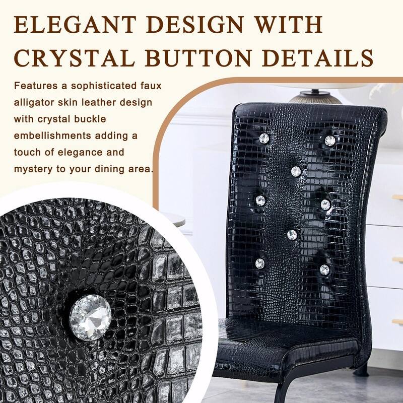 Set of 2 Retro Alligator Skin Upholstered Dining Chairs with Crystal Buckle Design & Faux Leather
