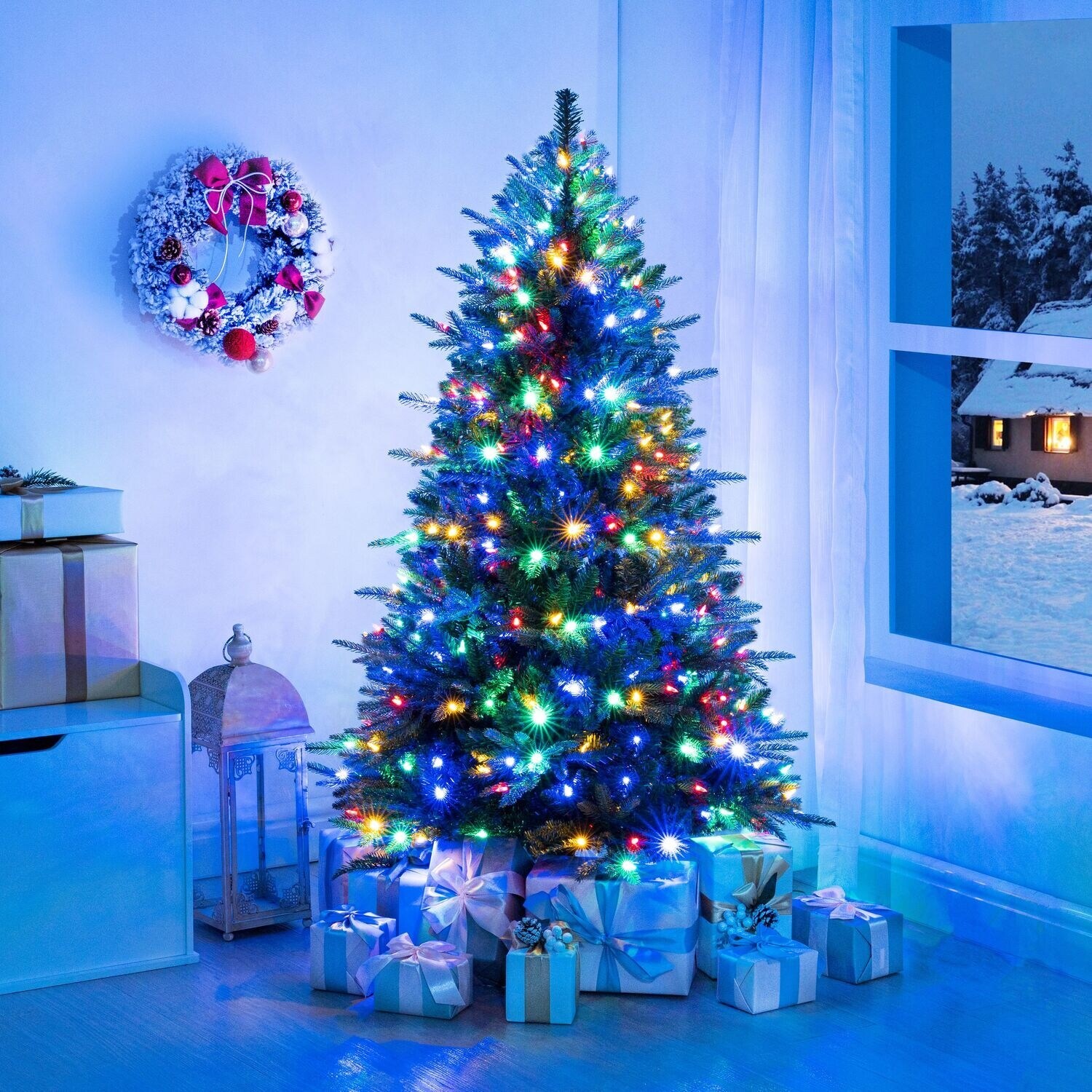 Artificial Prelit Fir Christmas Tree with Lights and Tips Christmas Tree with Multi Color LED Lights and Foot Pedal 4.5 Foot