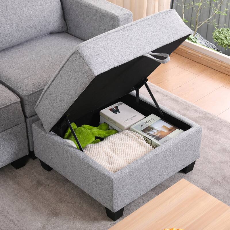 87" Burlap L-Shaped Modular 3-Seater Sofa with Ottoman & Storage