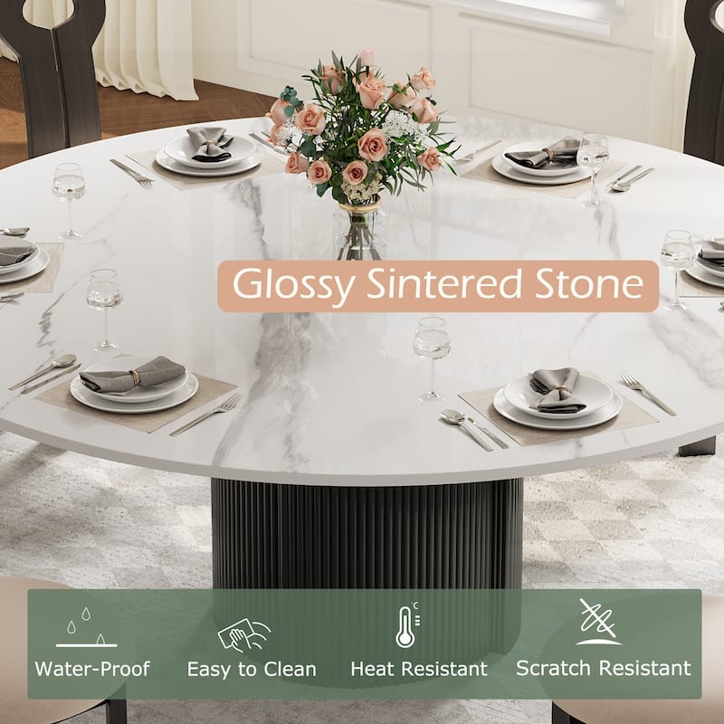 59" Modern Round Dining Table for 6-8, Glossy White Sintered stone Table top, Steel Grille column base