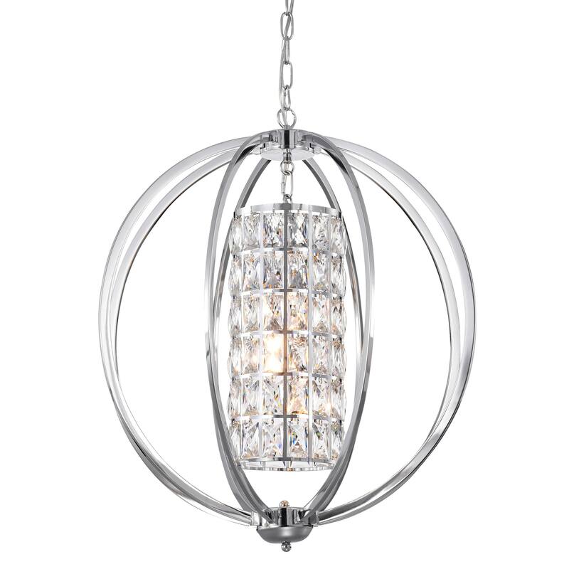 Chrome 3-Light Globe Orb Chandelier with Crystal Lined Cylinder