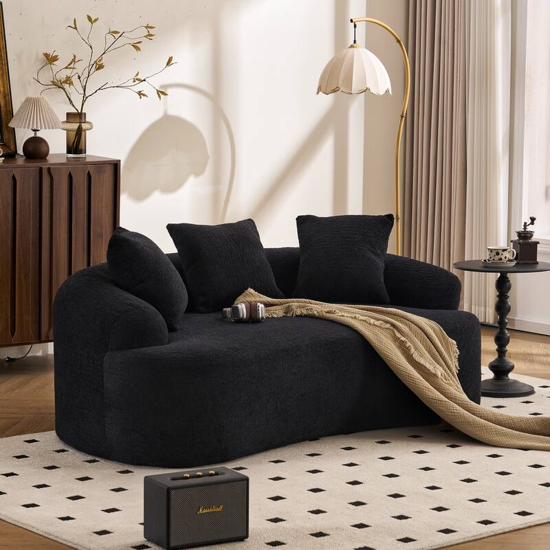 Full Compression Chenille Curved Loveseat Sofa with 3 Pillows - Black