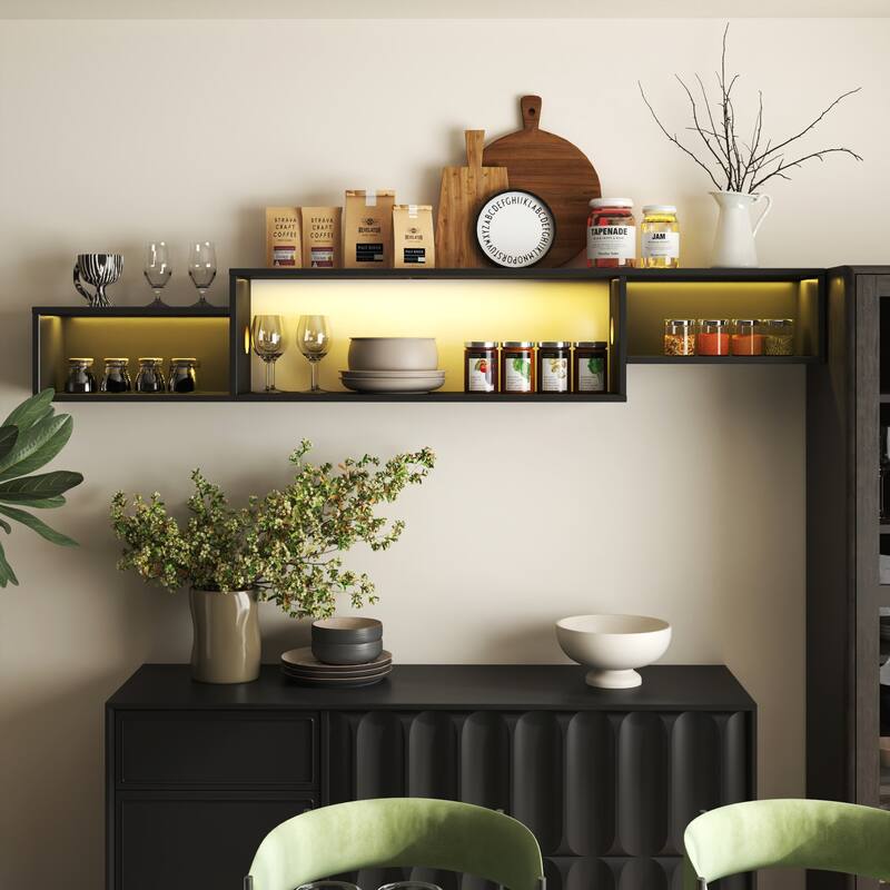 65.35in Wall Mounted Floating TV Stand with 20 Color LEDs - Black