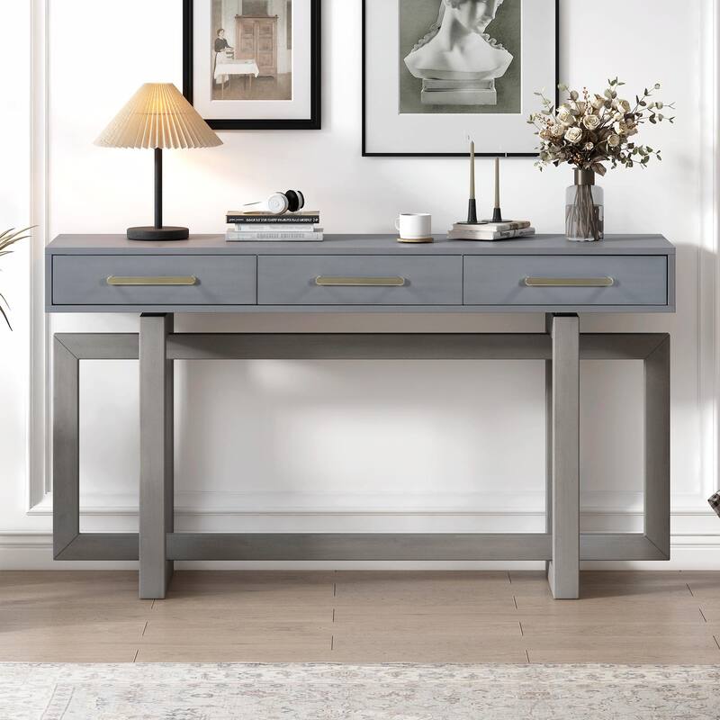 Elegant Extra Long Console Table with Three Drawers - Grey