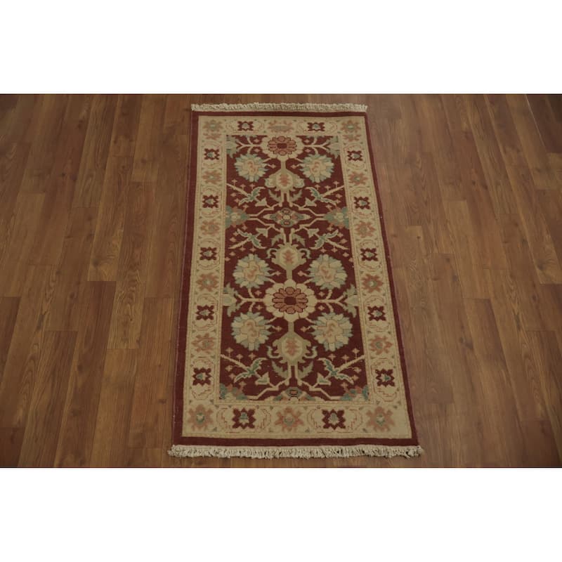 Hand Knotted Oriental 100% Wool Carpet Traditional All-Over Red Ziegler Area Rug - 3' 8'' X 2' 0''