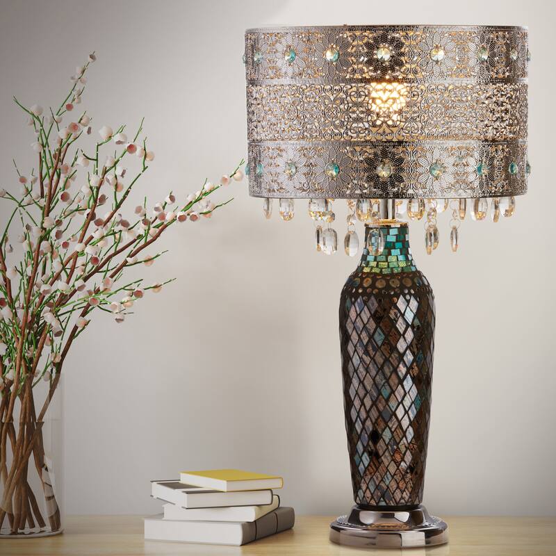 Metal Mosaic Hanging Glass Crystal Table Lamp - 13"L x 13"W x 24.25"H