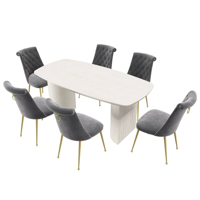 7-Piece Clihome Modern Wood Table Velvet Chair Dining Set
