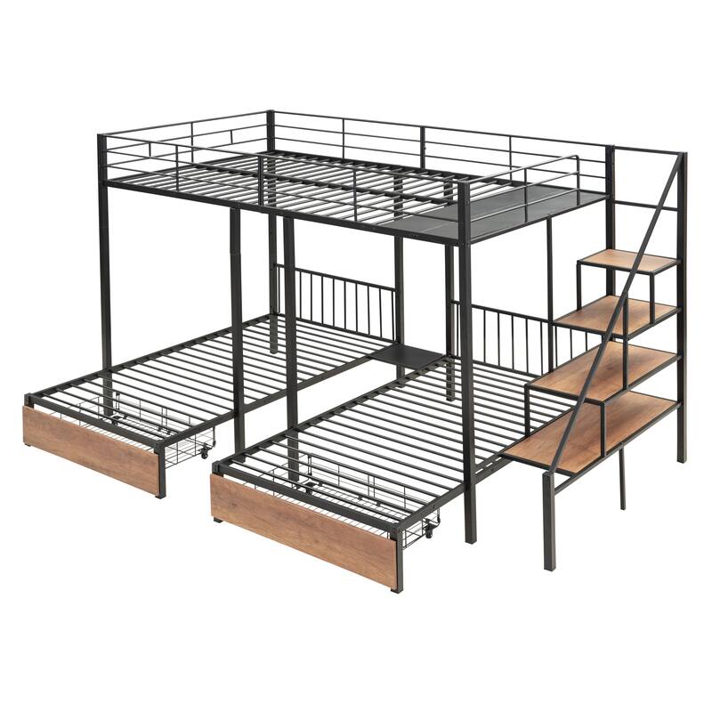 Full Over Twin-Twin Triple Bunk Bed with Drawers and Staircase, Black