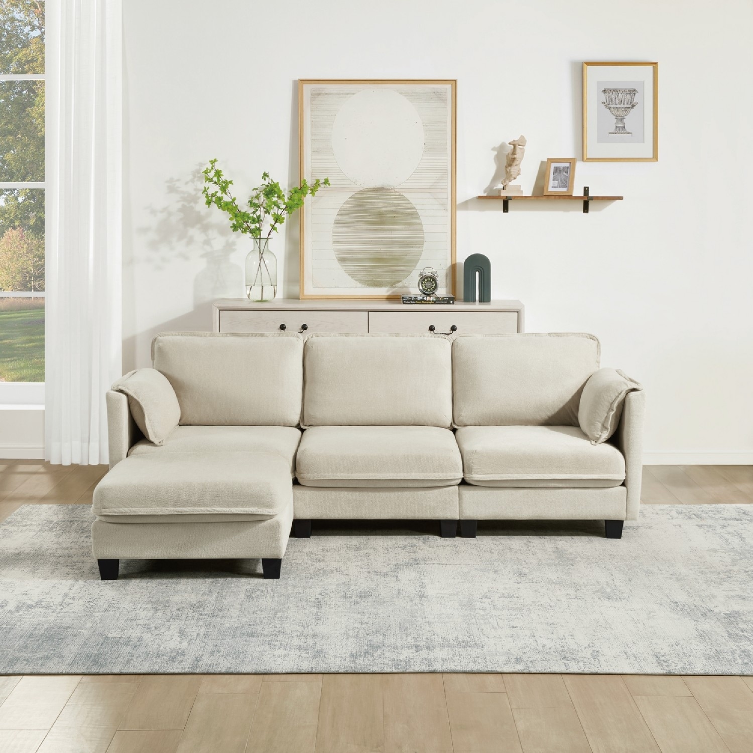 93.5" L-Shaped Cotton-linen Brushed Fabric Sectional Sofa with Ottoman