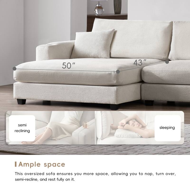 Modern L Shaped Cloud Couch with USB Charging, Cup Holder, and Deep Seat Chaise, Comfy Corduroy Sofa Bed for Living Room