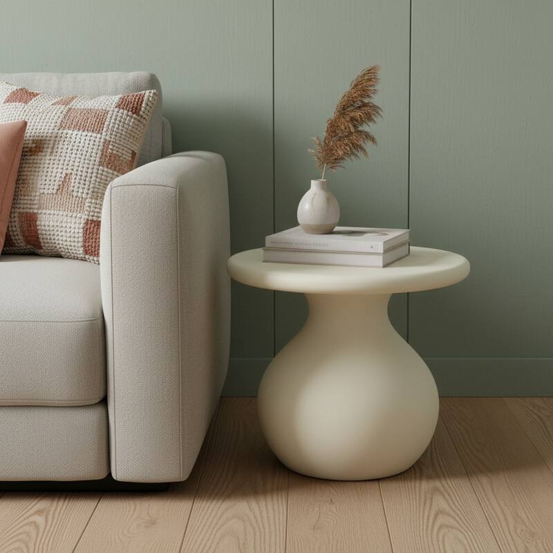 HomeRoots 20" Beige Fiber Glass Round Curvaceous Pedestal End Table - 23.00 in. x 20.00 in. x 23.00 in. - Beige - Glass