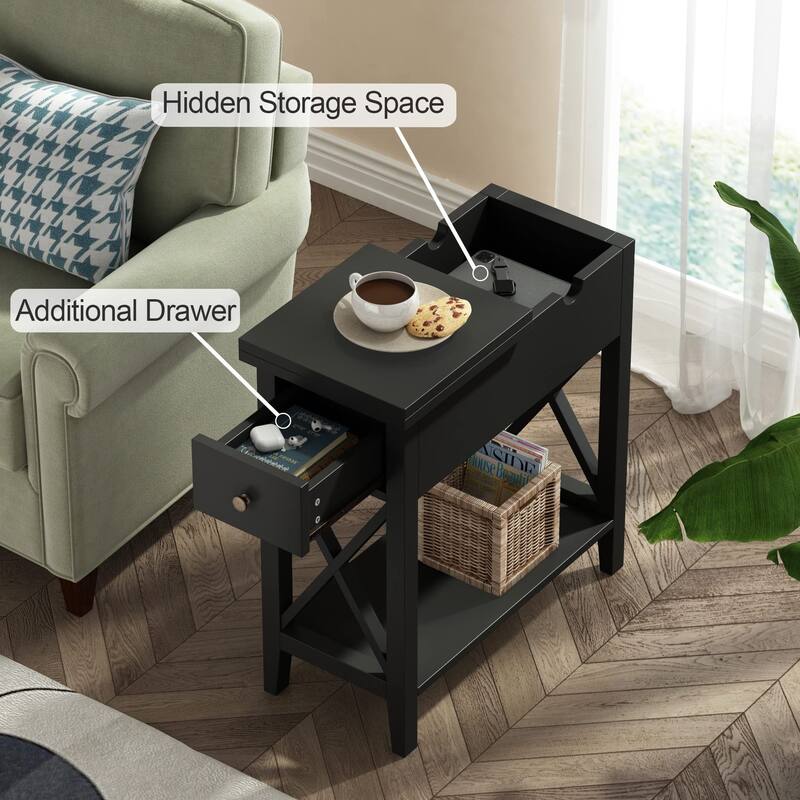 2-Drawer End Table, Flip Top Narrow End Table with Drawer, Accent Small Side Table Nightstand for Small Space