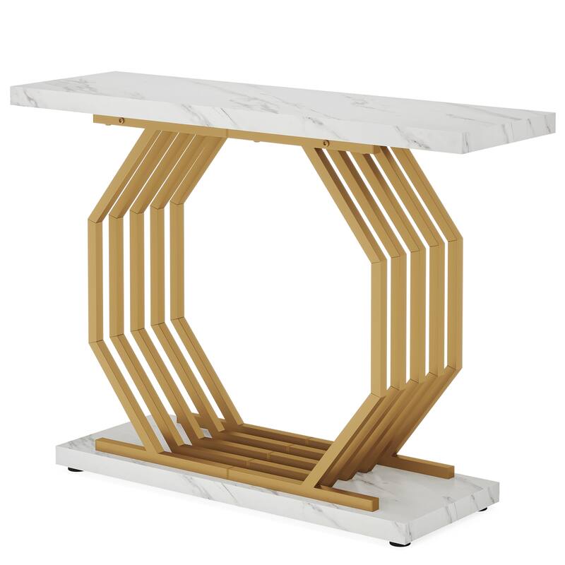 40"Gold Console Table, Faux Marble Entryway Narrow Sofa Table with Geometric Metal Base, Modern Accent Entrance Table