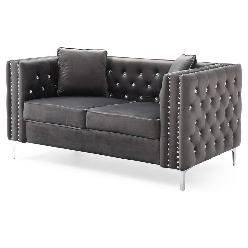 Button Tufted 3-Seater Velvet Sofa with Throw Pillows - 86" - Gray