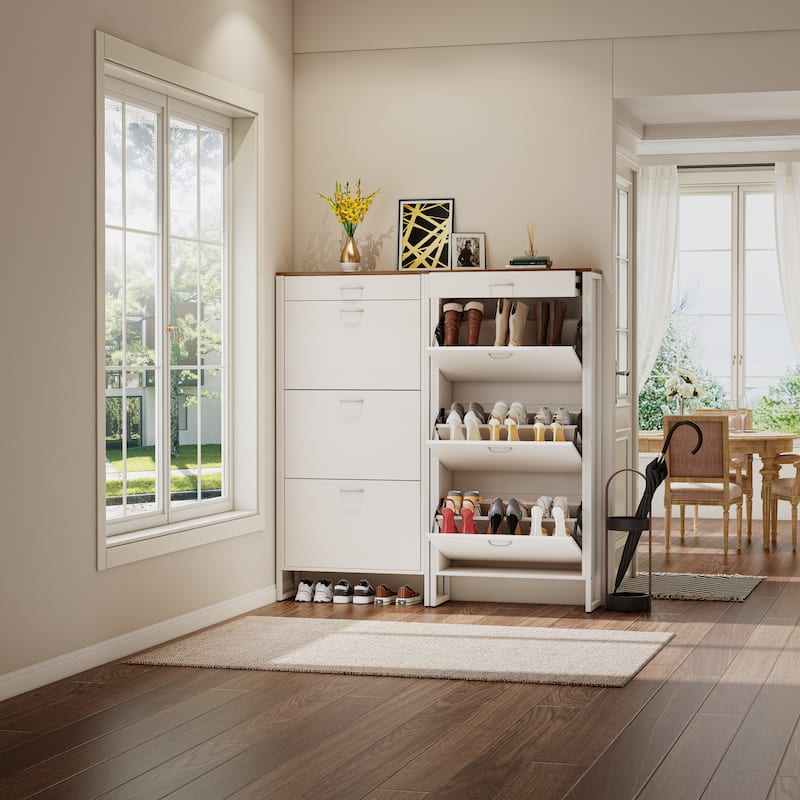 Hidden Wood Shoe Storage Cabinet, Narrow Shoe Cabinet with Drawers, 3-Tier 15 Pair Shoe Rack for Hallway, Entryway