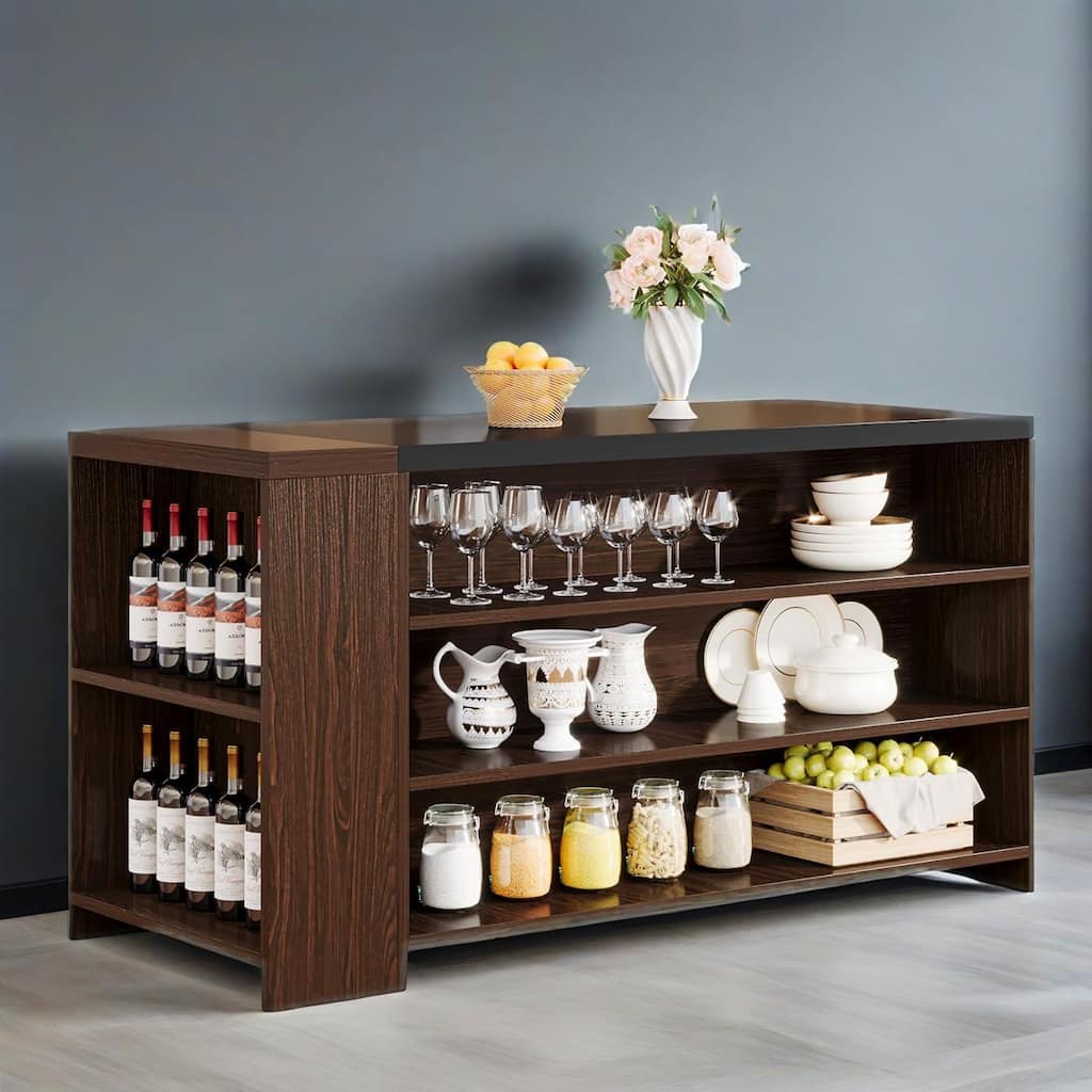 Dark Brown Kitchen Island with Storage Shelves and Spacious Tabletop for Home Cooking - 55.12”L x 21.65”W x 35.43”H