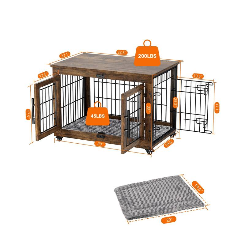 Dog Crate Furniture with Cushion Double Doors Wooden Dog Kennel